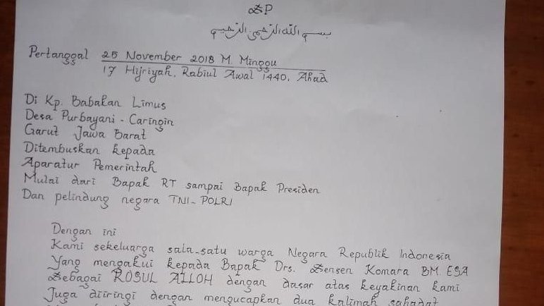 Isi surat sekeluarga di Garut yang mengakui Sensen Komara sebagai nabi. Foto: Detik