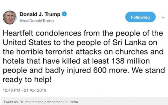 Memalukan, Trump Sebut Jumlah Korban Serangan Bom Sri Lanka Capai 138 Juta Orang 1 donald trump
