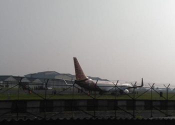 Pesawat Malindo Air tergelincir di Lanud Husein Sastranegara Bandung, Kamis (20/6/2019).