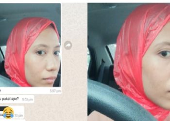 Foto viral ukhti Malaysia pakai hijab dari kresek merah. Foto: Twitter