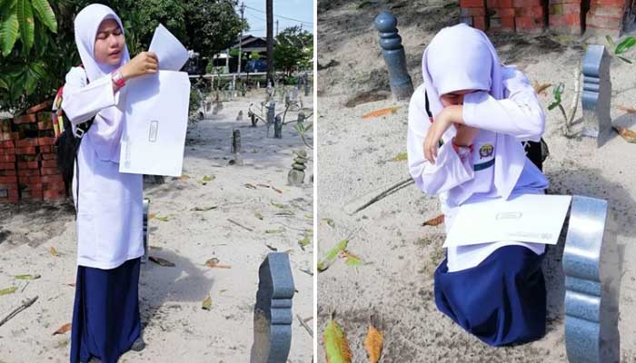 Sambil Menangis, Dia Membacakan Hasil Ujian Di Depan Makam Sang Ibu. Foto: Facebook Aishah Mat Akat