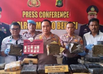 KAPOLRES Metro Bekasi Komisaris Besar Candra Sukma Kumara menunjukkan barang bukti 200 kilogram ganja. Foto: Pikiran Rakyat