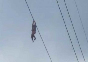 Video yang menunjukan Nadin (8) yang bergelantungan di kabel sutet setinggi 15 meter di kawasan Kecamatan Curug, Kabupaten Tangerang, Kamis (16/4/2020) petang. Foto: Tribunnews
