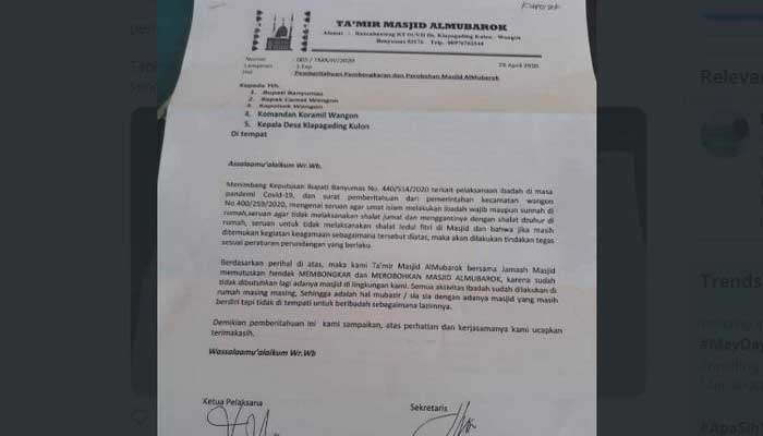 Viral surat pemberitahuan takmir dan jemaah akan merobohkan masjid di Banyumas karena kecewa diimbau ibadah dari rumah selama pandemi Covid-19. Foto: Dok. Twitter @narkosun