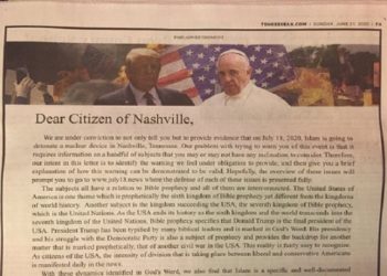 Iklan di sebuah surat kabar di AS sebut umat Islam akan bom nuklir Nashville. Foto: bandt.com